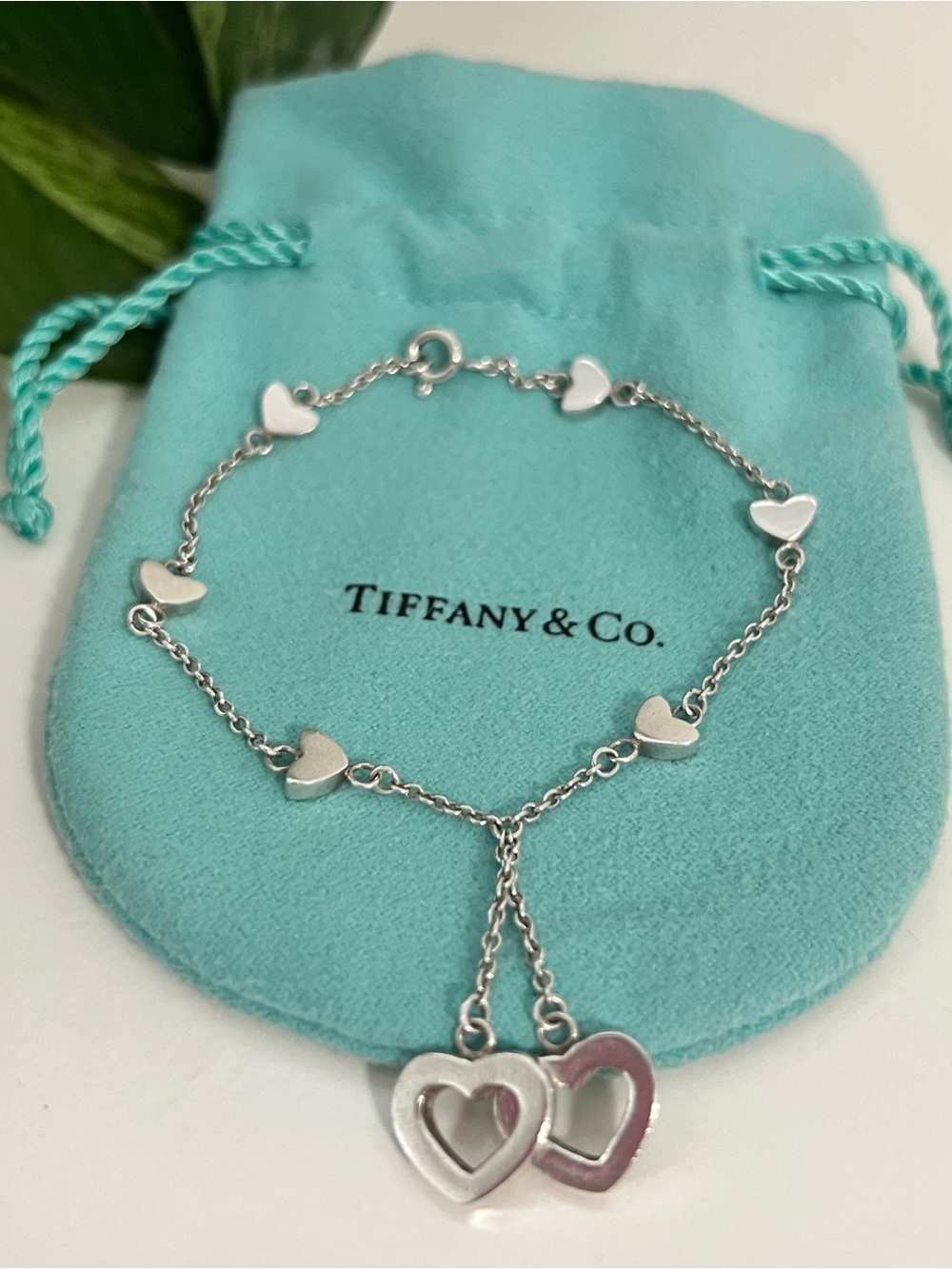 Authentic Tiffany & Co. Lariat Heart Link Station Bracelet, 925, 7.5”